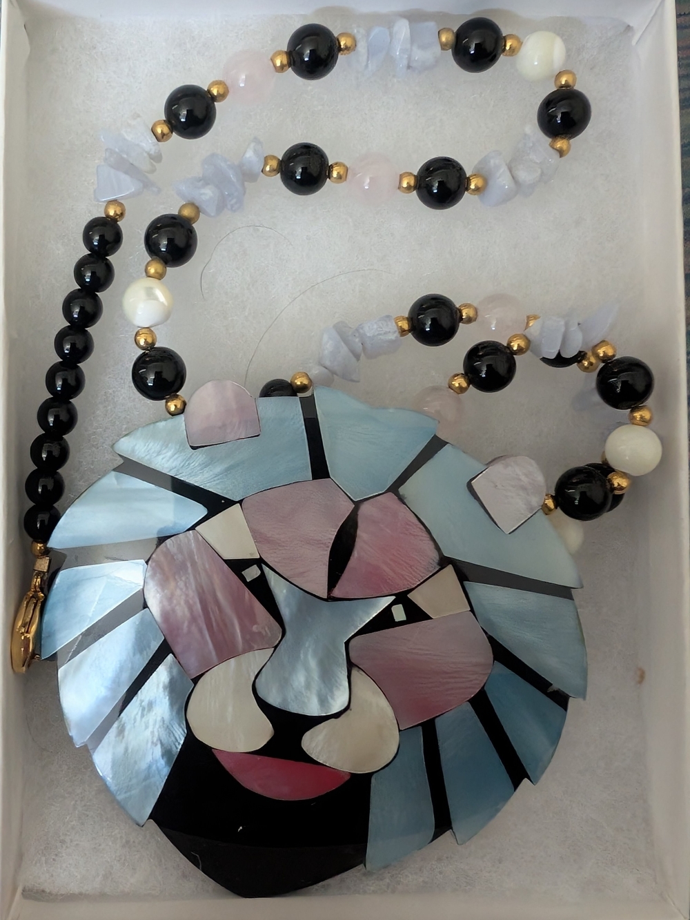 Multicolor Mother-of-Pearl Lion Pendant Necklace with Black Beads